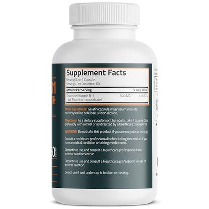 Bronson Vitamin B1 Extra Strength 500 mg – Hochdosiertes Thiamin, Nicht-GVO, 60 Kapseln