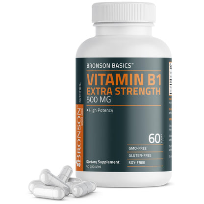 Bronson Vitamin B1 Extra Strength 500 mg – Hochdosiertes Thiamin, Nicht-GVO, 60 Kapseln