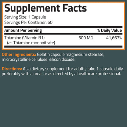 Bronson Vitamin B1 Extra Strength 500 mg – Hochdosiertes Thiamin, Nicht-GVO, 60 Kapseln