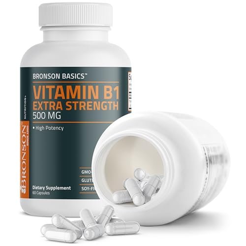 Bronson Vitamin B1 Extra Strength 500 mg – Hochdosiertes Thiamin, Nicht-GVO, 60 Kapseln
