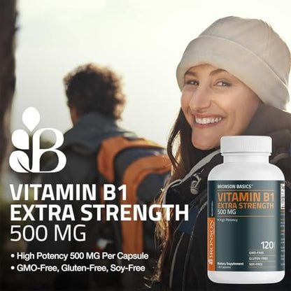 Bronson Vitamin B1 Extra Strength 500 mg – Hochdosiertes Thiamin, Nicht-GVO, 60 Kapseln