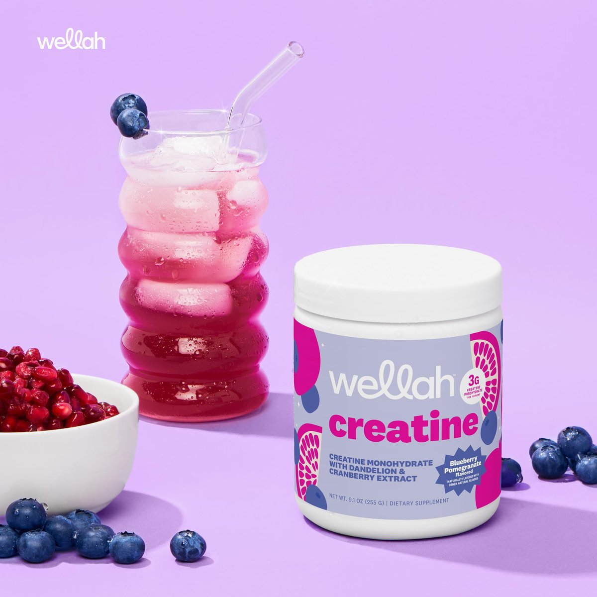 Wellah Creatin für Frauen – Creatin-Monohydrat mit Löwenzahn & Cranberry-Extrakt (50 Portionen, Blaubeere-Granatapfel)
