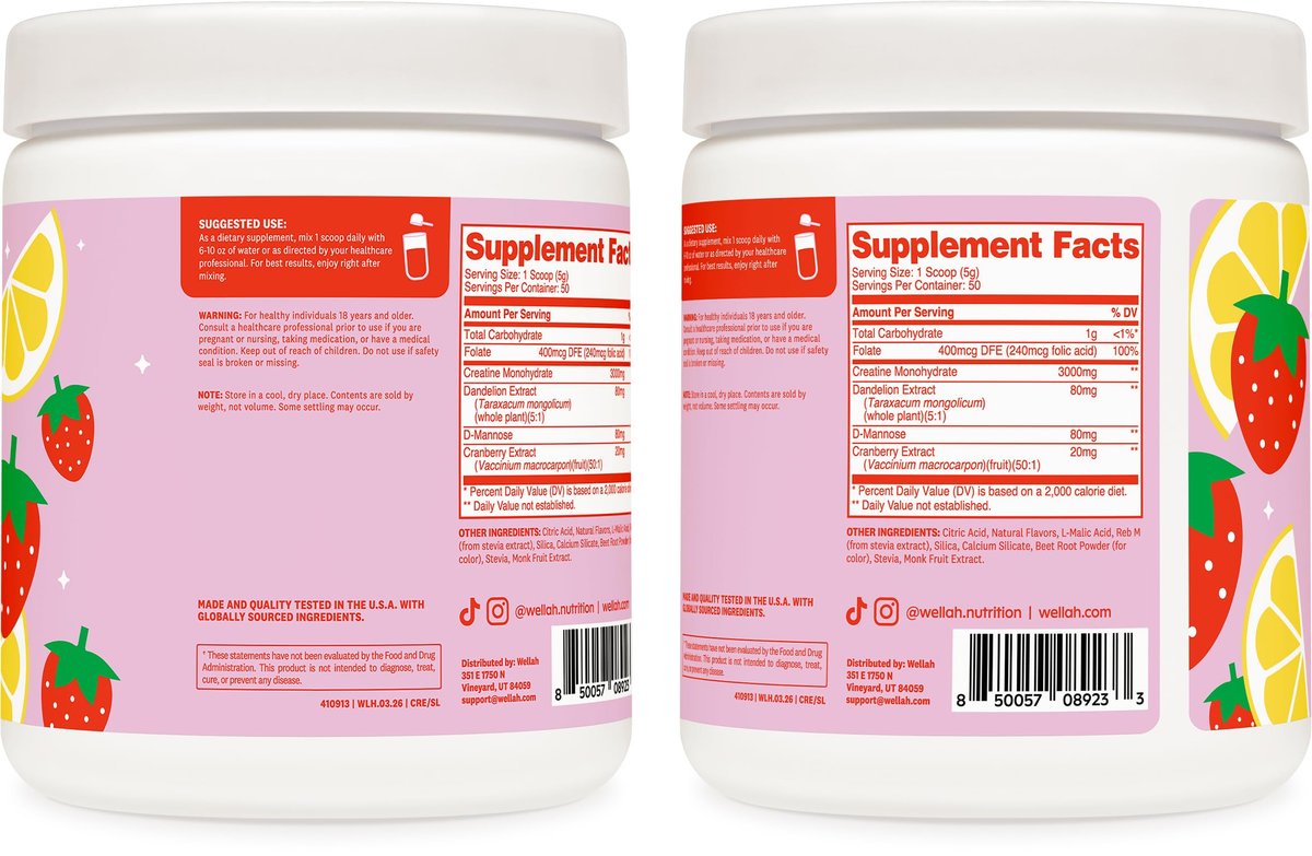 Wellah Creatin für Frauen – Creatin-Monohydrat mit Löwenzahn & Cranberry-Extrakt (50 Portionen, Erdbeer-Zitronen-Limonade)