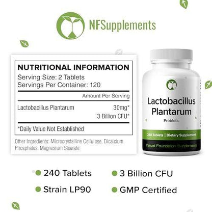 Lactobacillus Plantarum Probiotikum 240 Tabletten (4 Monate Vorrat) – Forschungsstamm LP90 – 3 Milliarden KBE – Verdauungsgesundheit & Darmkomfort – GMP-zertifiziert