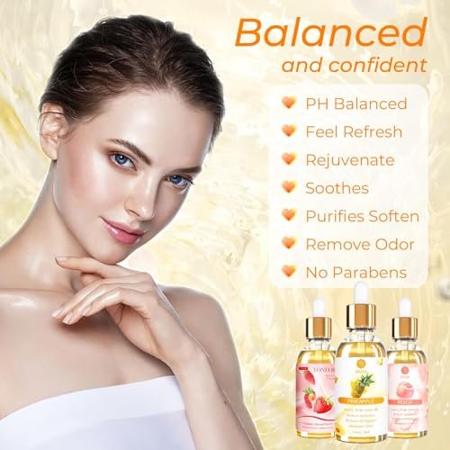 3er Pack Yoni-Öl für Frauen – Femininpflegeöl – Allnatürliche vaginale essentielle Öle, reduziert Geruch, stellt pH-Gleichgewicht und Feuchtigkeit wieder her, 1 fl oz/Stk Erdbeere Ananas Pfirsich Duft