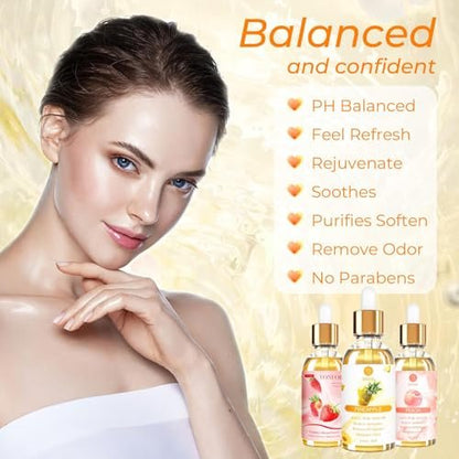 3er Pack Yoni-Öl für Frauen – Femininpflegeöl – Allnatürliche vaginale essentielle Öle, reduziert Geruch, stellt pH-Gleichgewicht und Feuchtigkeit wieder her, 1 fl oz/Stk Erdbeere Ananas Pfirsich Duft