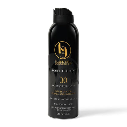 Black Girl Sunscreen Make it Glow Sunscreen Spray für Gesicht & Körper – SPF 30, wasserresistent 80 Minuten, ultrafein, ohne weißen Schimmer für melaninreiche Haut – 150 ml