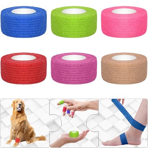 Twavang 6er-Pack 2,5 cm selbstklebende elastische Bandage – atmungsaktive Fixierbinde für Haustiere, Sport, Handgelenk, Knie, Knöchel (5 Yards pro Rolle, gemischte Farben)