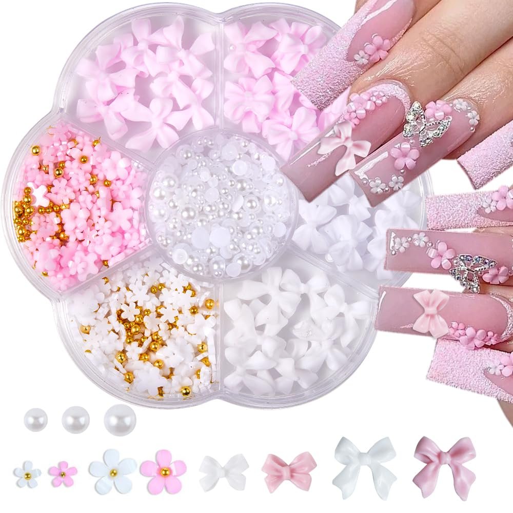 3D Blumen- und Schleifen-Nagelcharm-Set – Acryl-Nageldekoration mit Perlen, Resin, Nagelkunst-Set für DIY-Maniküre (Pink/Weiß)