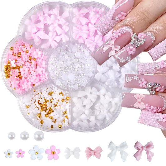 3D Blumen- und Schleifen-Nagelcharm-Set – Acryl-Nageldekoration mit Perlen, Resin, Nagelkunst-Set für DIY-Maniküre (Pink/Weiß)