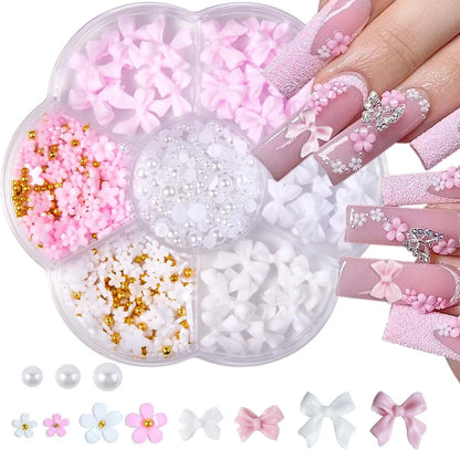 3D Blumen- und Schleifen-Nagelcharm-Set – Acryl-Nageldekoration mit Perlen, Resin, Nagelkunst-Set für DIY-Maniküre (Pink/Weiß)
