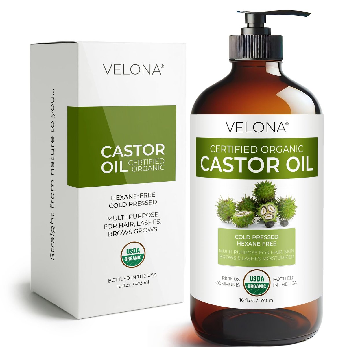 velona USDA Bio-zertifiziertes Rizinusöl – 16 fl oz in Glasflasche | Kaltgepresst, Hexanfrei, USP-Qualität | Fördert Haarwuchs, Wimpern- & Augenbrauenpflege | Abgefüllt in den USA
