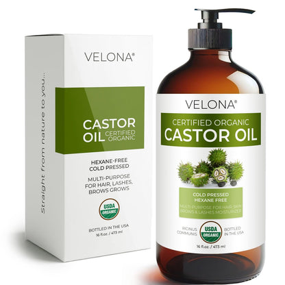 velona USDA Bio-zertifiziertes Rizinusöl – 16 fl oz in Glasflasche | Kaltgepresst, Hexanfrei, USP-Qualität | Fördert Haarwuchs, Wimpern- & Augenbrauenpflege | Abgefüllt in den USA