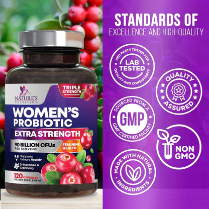 Probiotika für Frauen – Probiotischer Blend 90 Milliarden KBE pro Portion – Gezielte Unterstützung für Vaginal- und Verdauungsgesundheit – 16 Stämme, Cranberry, Präbiotika – Hergestellt in den USA – 120 Kapseln