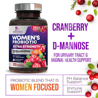 Probiotika für Frauen – Probiotischer Blend 90 Milliarden KBE pro Portion – Gezielte Unterstützung für Vaginal- und Verdauungsgesundheit – 16 Stämme, Cranberry, Präbiotika – Hergestellt in den USA – 120 Kapseln
