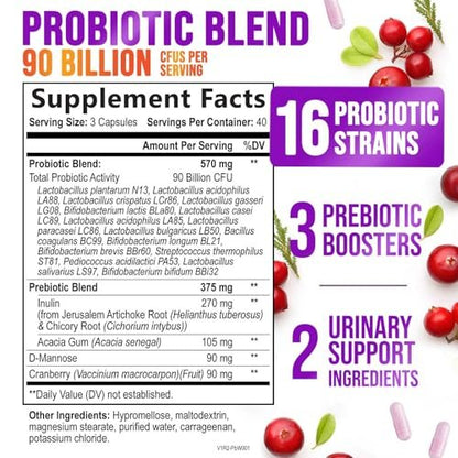 Probiotika für Frauen – Probiotischer Blend 90 Milliarden KBE pro Portion – Gezielte Unterstützung für Vaginal- und Verdauungsgesundheit – 16 Stämme, Cranberry, Präbiotika – Hergestellt in den USA – 120 Kapseln