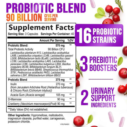 Probiotika für Frauen – Probiotischer Blend 90 Milliarden KBE pro Portion – Gezielte Unterstützung für Vaginal- und Verdauungsgesundheit – 16 Stämme, Cranberry, Präbiotika – Hergestellt in den USA – 120 Kapseln