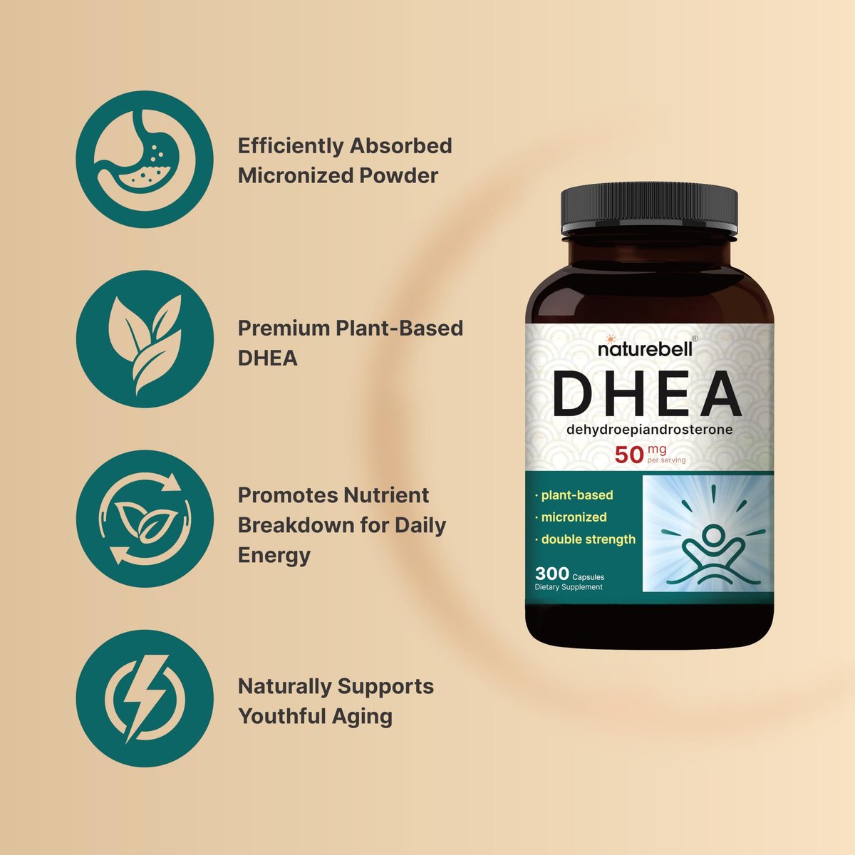 NatureBell DHA 50 mg für Männer und Frauen, 300 Kapseln | Mikronisiert für bessere Absorption | Pflanzliche Quelle | Unterstützt Energie, Stoffwechsel & gesundes Altern | Non-GMO, hergestellt in den USA
