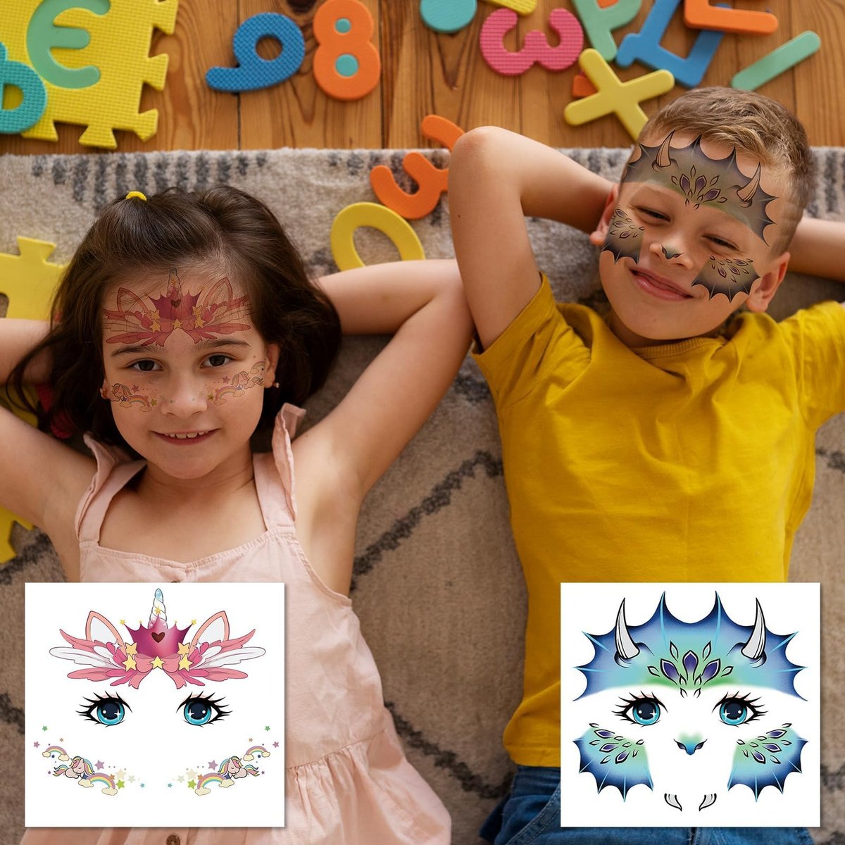 Partywind 24 Dinosaurier Gesichts-Tattoos für Kinder – Temporäre Tattoo-Aufkleber für Jungen und Mädchen, Partygeschenke, Geburtstagsspiele und Goodie Bag Füller