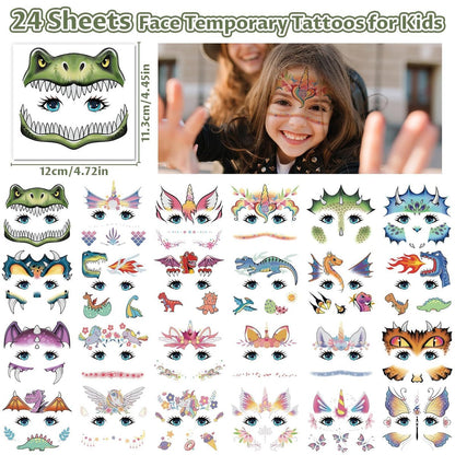Partywind 24 Dinosaurier Gesichts-Tattoos für Kinder – Temporäre Tattoo-Aufkleber für Jungen und Mädchen, Partygeschenke, Geburtstagsspiele und Goodie Bag Füller