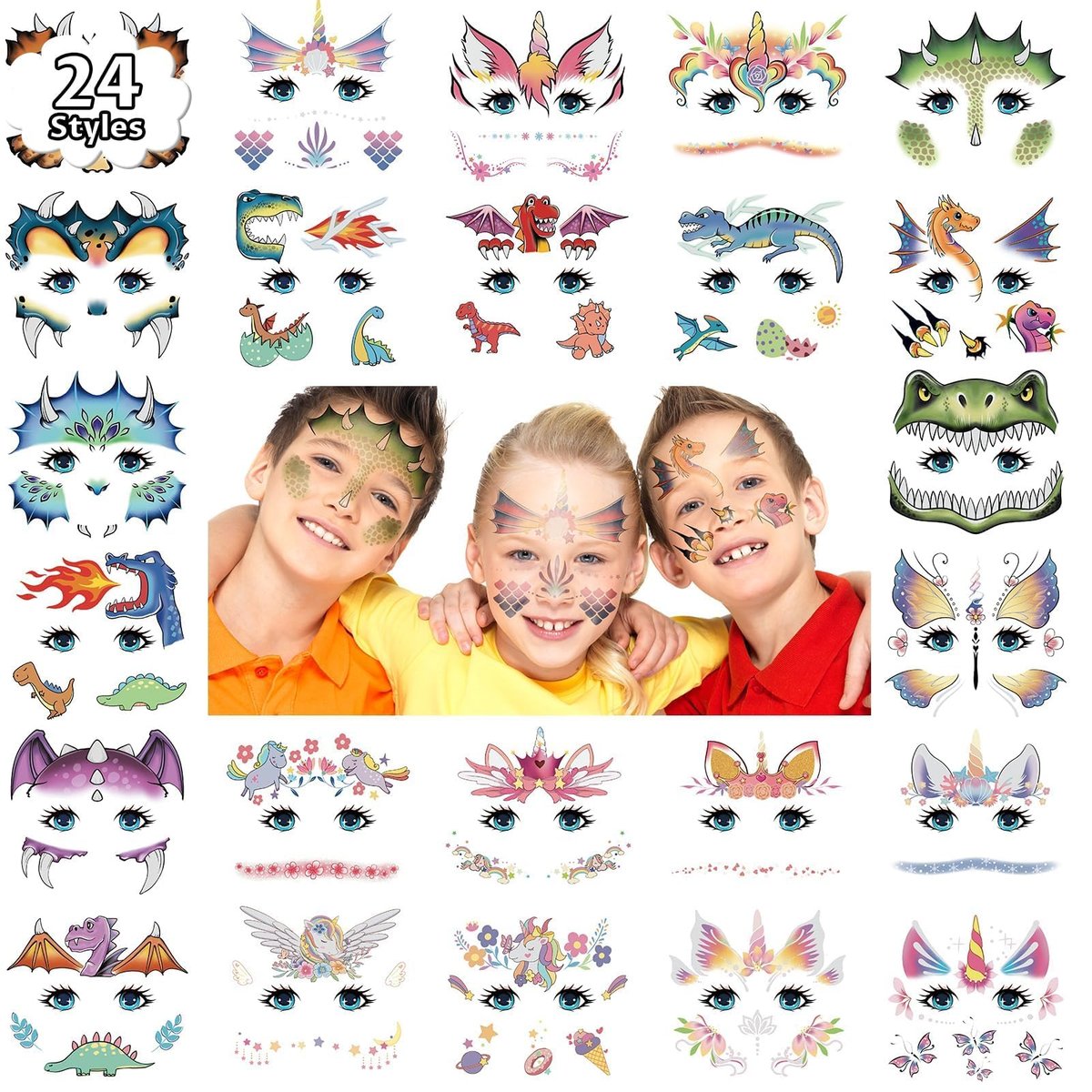 Partywind 24 Dinosaurier Gesichts-Tattoos für Kinder – Temporäre Tattoo-Aufkleber für Jungen und Mädchen, Partygeschenke, Geburtstagsspiele und Goodie Bag Füller