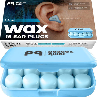 Peace&Quiet PQ Wachs-Ohrstöpsel für Schlaf und Schwimmen – Weiche Silikon-Wachs-Ohrstöpsel mit Geräuschdämmung von 32 dB, Blau (15 Stück)