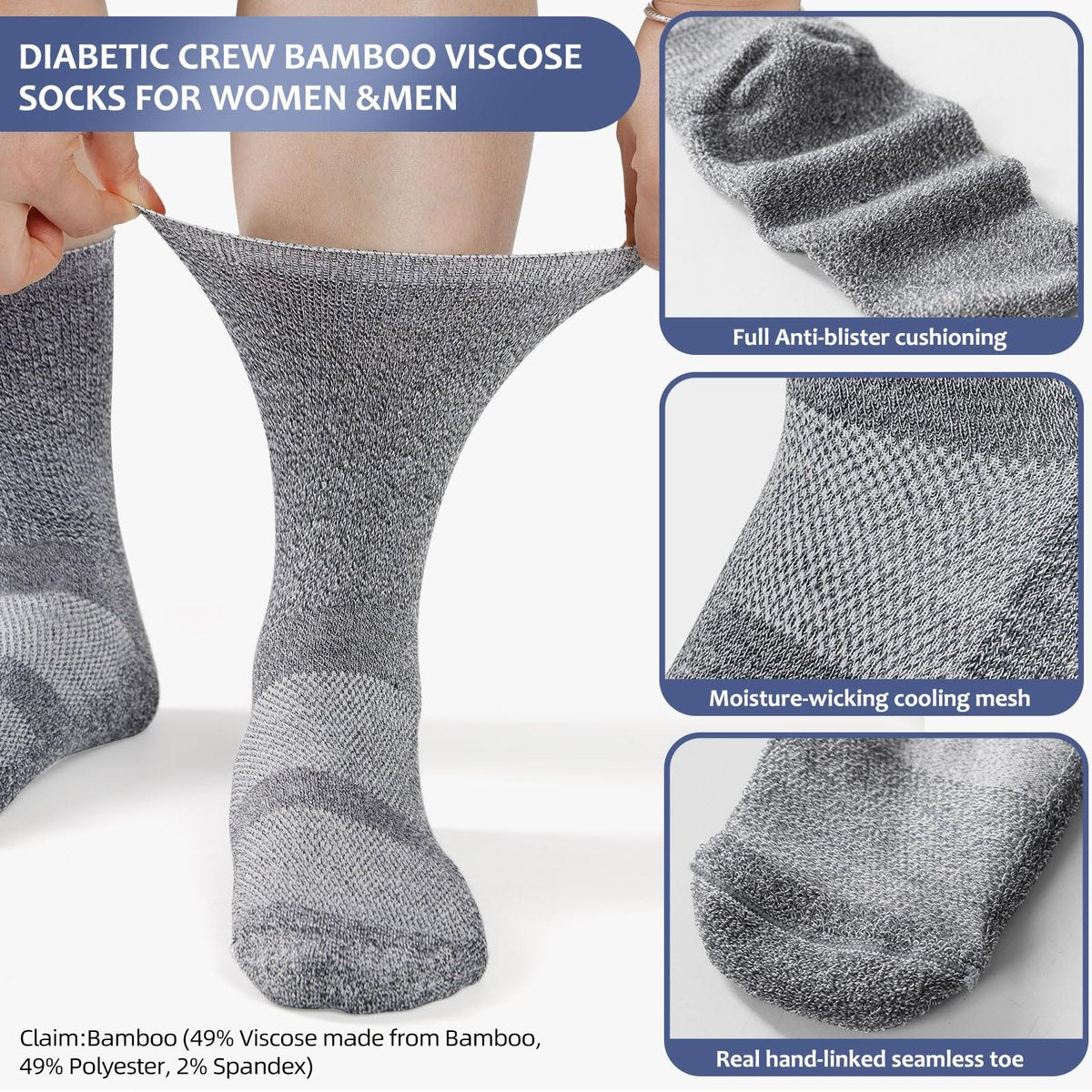 Bulinlulu Diabetikersocken für Damen und Herren – 6 Paar nahtlose Zehen, nicht einschnürend, Größe 10-13 (Large, Schwarz)