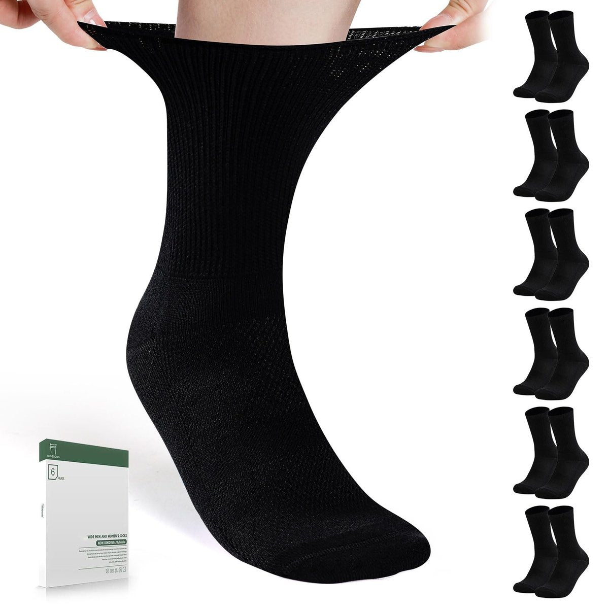 Bulinlulu Diabetikersocken für Damen und Herren – 6 Paar nahtlose Zehen, nicht einschnürend, Größe 10-13 (Large, Schwarz)