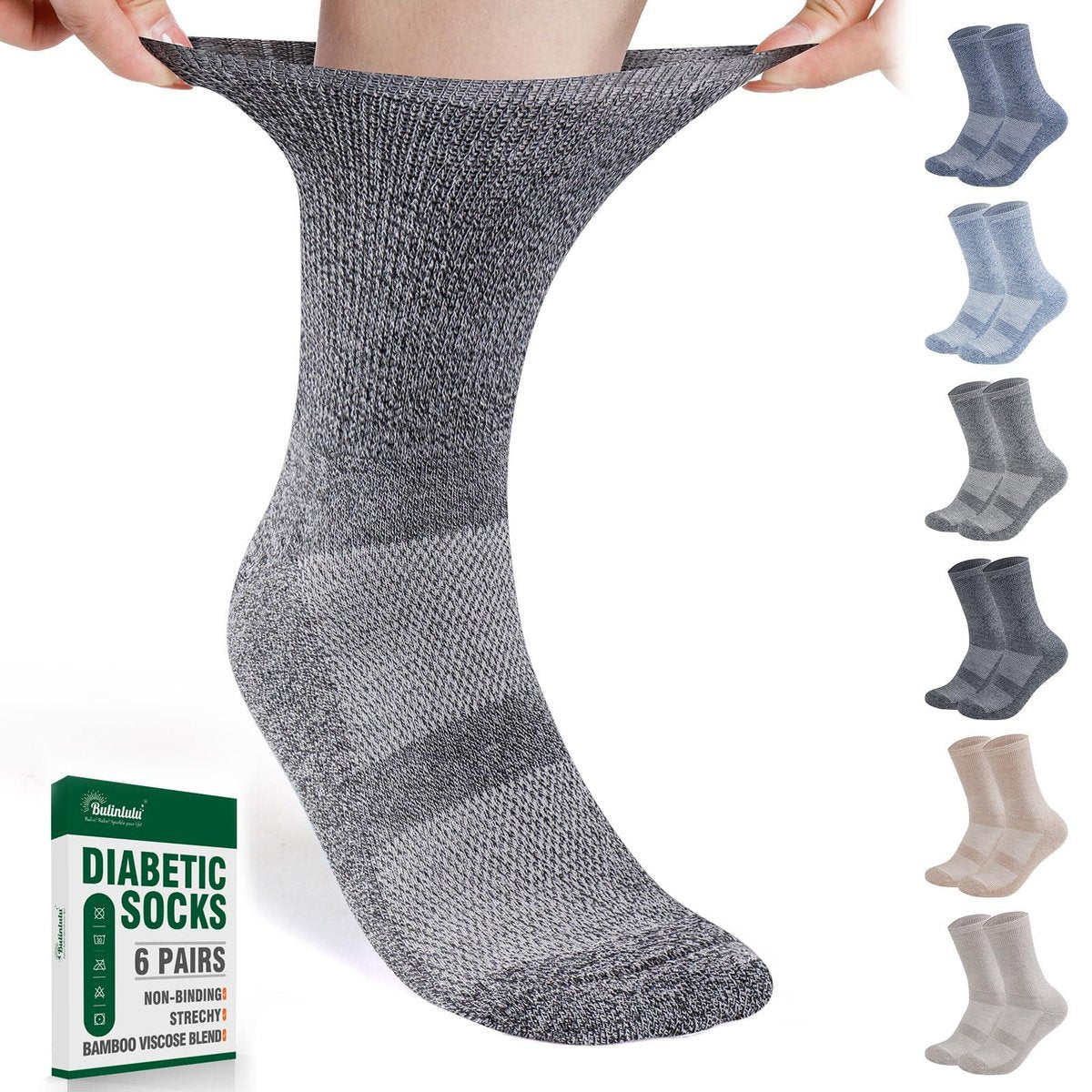 Bulinlulu Diabetikersocken für Damen und Herren - 6 Paar, nicht einengend, nahtlose Zehenpartie, Größe 10-13, Large, Dunkel