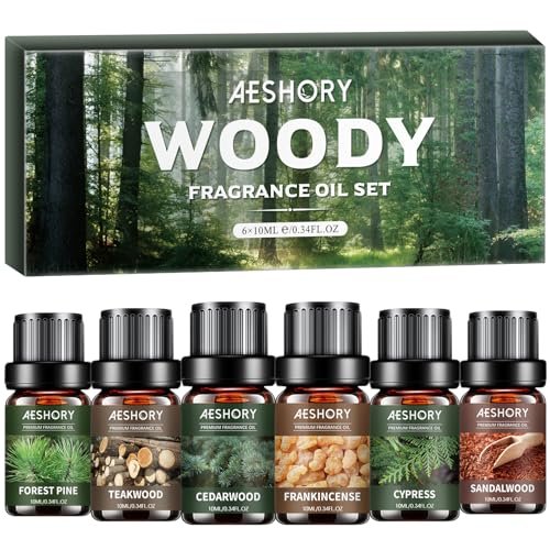 Woody Essential Oils Set – 6x10ML Holzige Duftöle für Kerzenherstellung, Diffuser – Teakholz, Sandelholz, Zedernholz, Zypresse, Waldkiefer, Weihrauch Aromatherapieöle