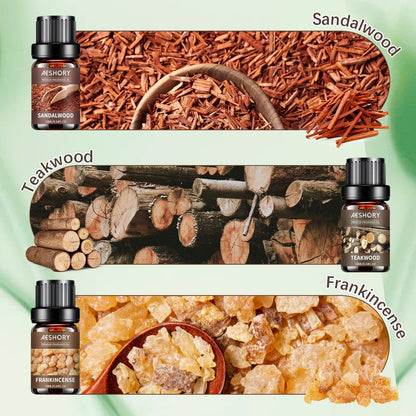 Woody Essential Oils Set – 6x10ML Holzige Duftöle für Kerzenherstellung, Diffuser – Teakholz, Sandelholz, Zedernholz, Zypresse, Waldkiefer, Weihrauch Aromatherapieöle