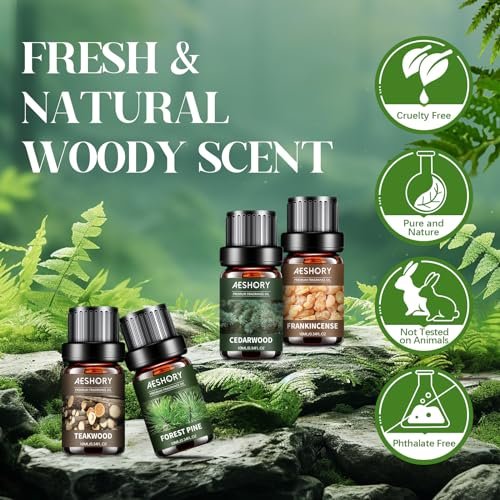 Woody Essential Oils Set – 6x10ML Holzige Duftöle für Kerzenherstellung, Diffuser – Teakholz, Sandelholz, Zedernholz, Zypresse, Waldkiefer, Weihrauch Aromatherapieöle