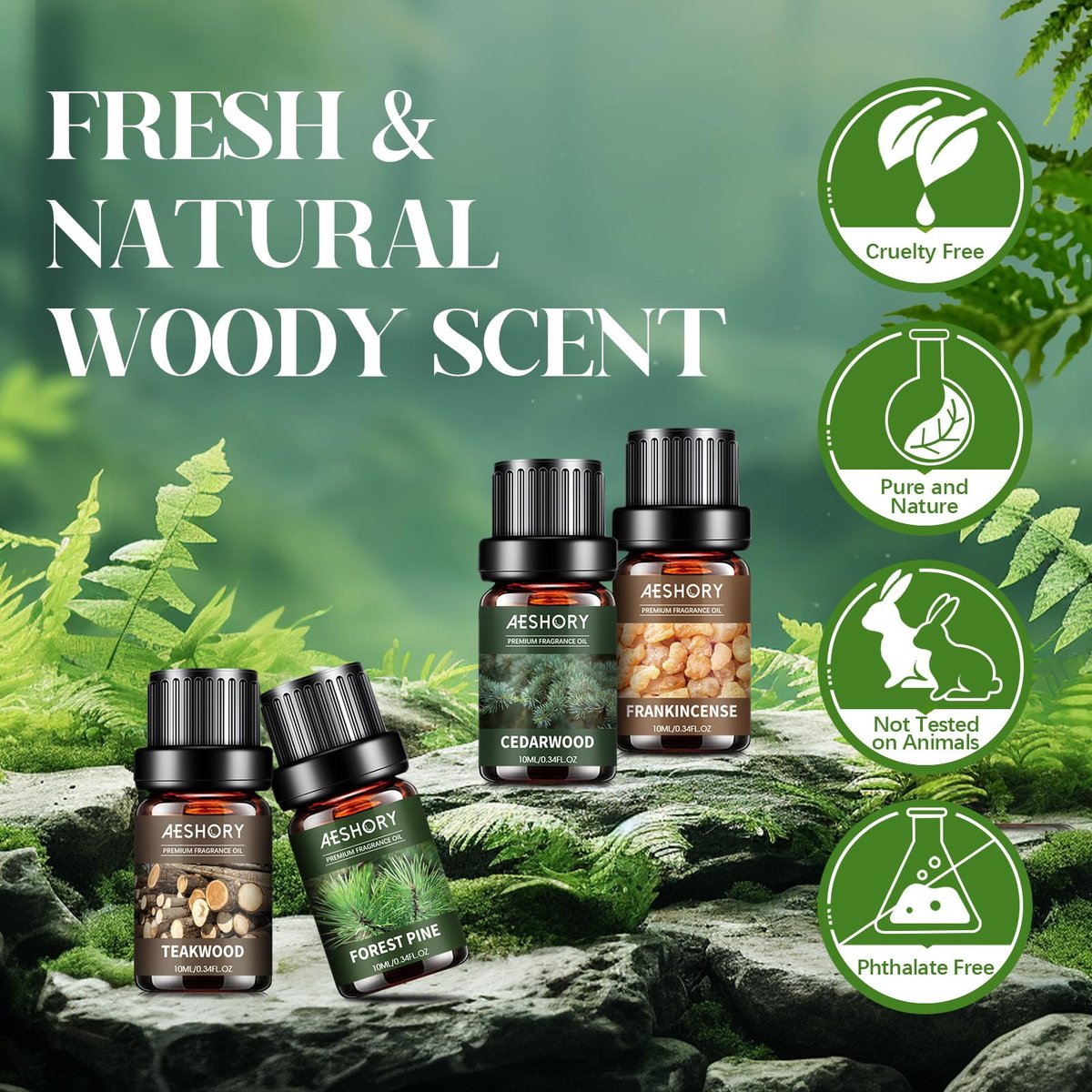 Woody Essential Oils Set – 6x10ML Holzige Duftöle für Kerzenherstellung, Diffuser – Teakholz, Sandelholz, Zedernholz, Zypresse, Waldkiefer, Weihrauch Aromatherapieöle