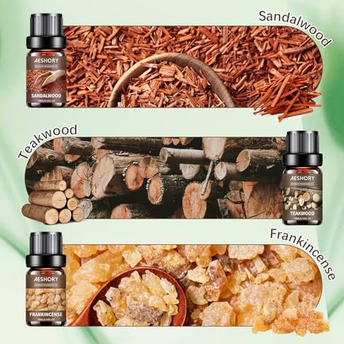 Woody Essential Oils Set – 6x10ML Holzige Duftöle für Kerzenherstellung, Diffuser – Teakholz, Sandelholz, Zedernholz, Zypresse, Waldkiefer, Weihrauch Aromatherapieöle