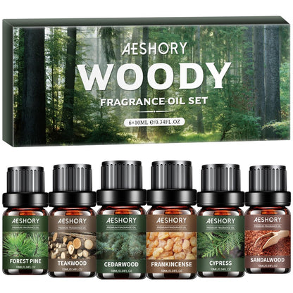 Woody Essential Oils Set – 6x10ML Holzige Duftöle für Kerzenherstellung, Diffuser – Teakholz, Sandelholz, Zedernholz, Zypresse, Waldkiefer, Weihrauch Aromatherapieöle