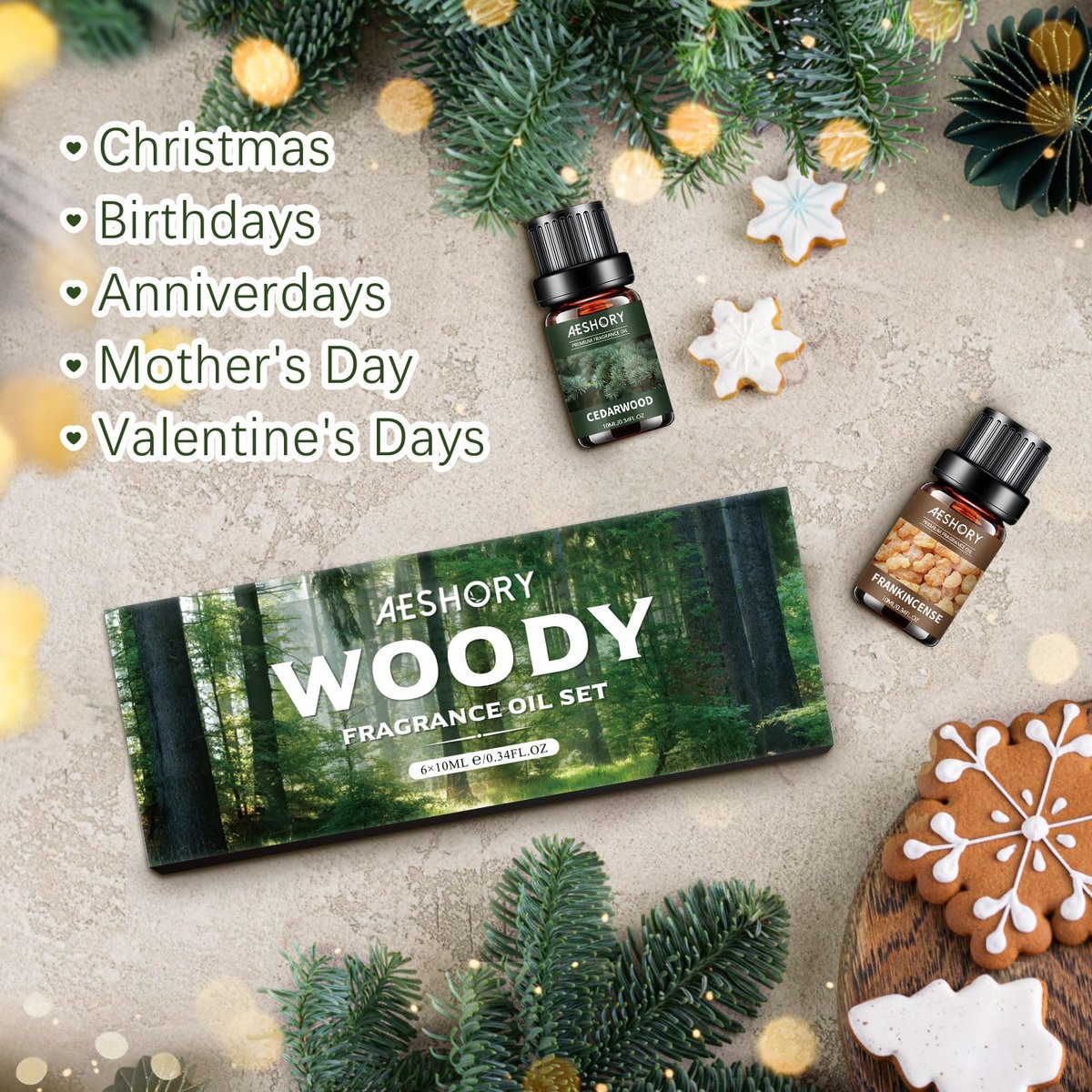 Woody Essential Oils Set – 6x10ML Holzige Duftöle für Kerzenherstellung, Diffuser – Teakholz, Sandelholz, Zedernholz, Zypresse, Waldkiefer, Weihrauch Aromatherapieöle
