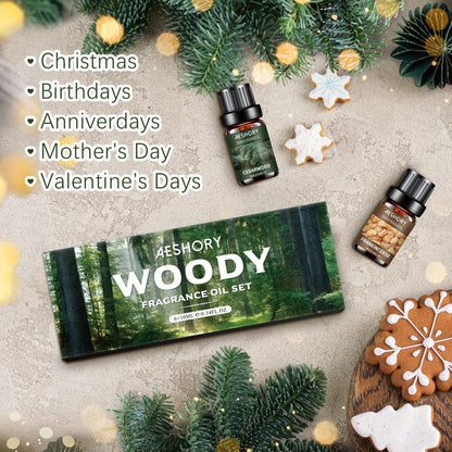 Woody Essential Oils Set – 6x10ML Holzige Duftöle für Kerzenherstellung, Diffuser – Teakholz, Sandelholz, Zedernholz, Zypresse, Waldkiefer, Weihrauch Aromatherapieöle