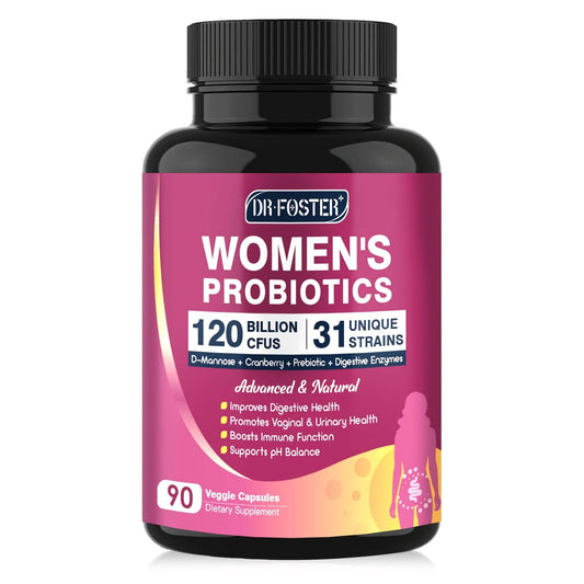DRFOSTER Probiotika für Frauen – 120 Milliarden KBE, 31 Stämme, mit Verdauungsenzymen & Präbiotika & D-Mannose & Cranberry für Harnwege, 90 Kapseln