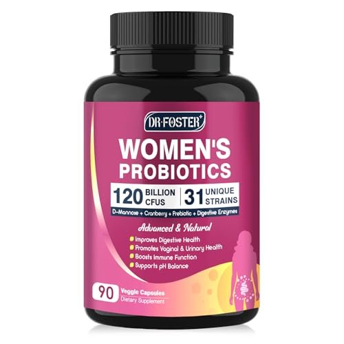 DRFOSTER Probiotika für Frauen – 120 Milliarden KBE, 31 Stämme, mit Verdauungsenzymen & Präbiotika & D-Mannose & Cranberry für Harnwege, 90 Kapseln