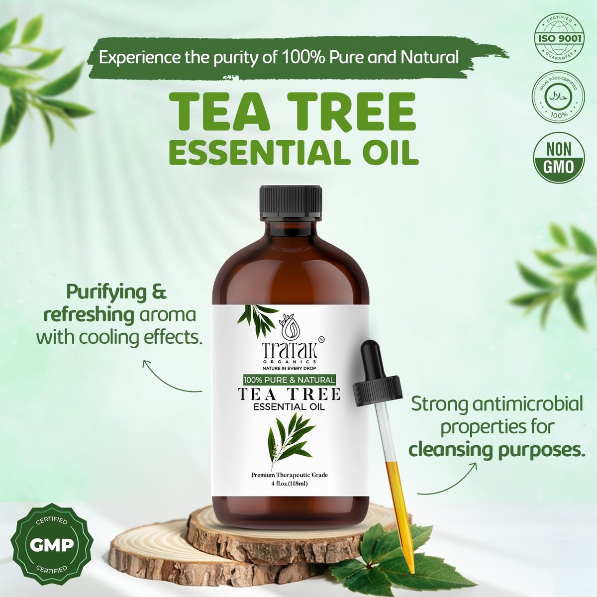 TRATAK ORGANICS Teebaumöl für Haut, Haare & Nägel - 118 ml - 100% reines natürliches Teebaumöl (Australische Melaleuca) für Wirksamkeit - Verwendung in allgemeinem Wohlbefinden, Aromatherapie & DIY-Seife