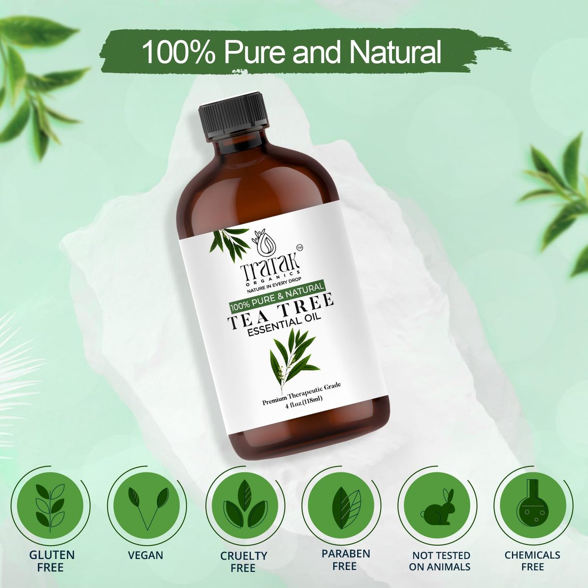 TRATAK ORGANICS Teebaumöl für Haut, Haare & Nägel - 118 ml - 100% reines natürliches Teebaumöl (Australische Melaleuca) für Wirksamkeit - Verwendung in allgemeinem Wohlbefinden, Aromatherapie & DIY-Seife
