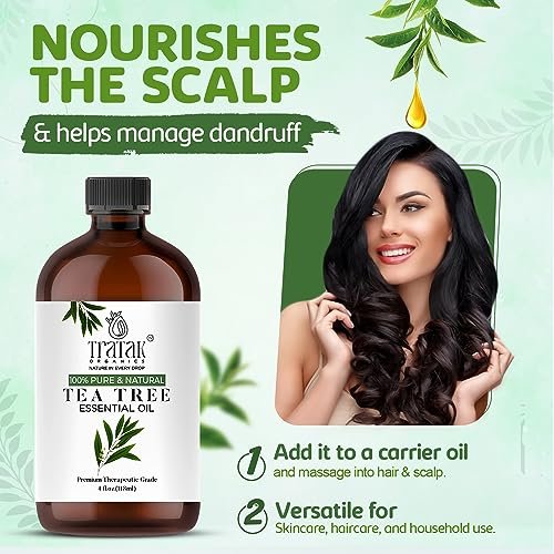 TRATAK ORGANICS Teebaumöl für Haut, Haare & Nägel - 118 ml - 100% reines natürliches Teebaumöl (Australische Melaleuca) für Wirksamkeit - Verwendung in allgemeinem Wohlbefinden, Aromatherapie & DIY-Seife