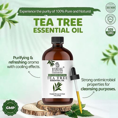 TRATAK ORGANICS Teebaumöl für Haut, Haare & Nägel - 118 ml - 100% reines natürliches Teebaumöl (Australische Melaleuca) für Wirksamkeit - Verwendung in allgemeinem Wohlbefinden, Aromatherapie & DIY-Seife