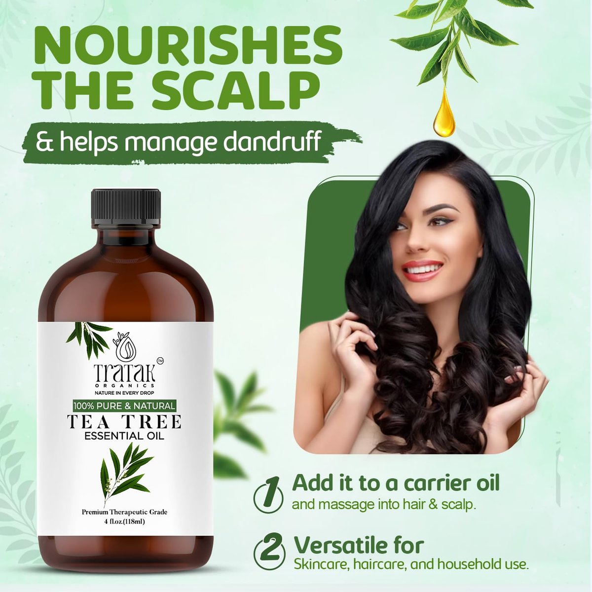 TRATAK ORGANICS Teebaumöl für Haut, Haare & Nägel - 118 ml - 100% reines natürliches Teebaumöl (Australische Melaleuca) für Wirksamkeit - Verwendung in allgemeinem Wohlbefinden, Aromatherapie & DIY-Seife