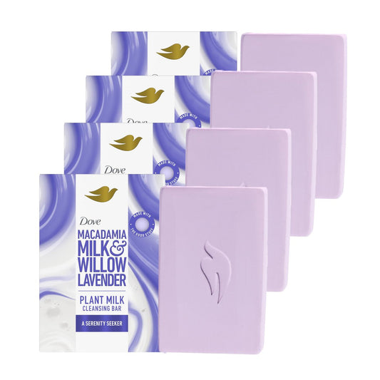 Dove Pflanzenmilch-Reinigungsseife Macadamiamilch & Weidenlavendel Serenity Seeker 4er-Pack für geschmeidige Haut, sanfter Reiniger, ohne Sulfate oder Parabene, 98 % biologisch abbaubare Formel, 5 oz