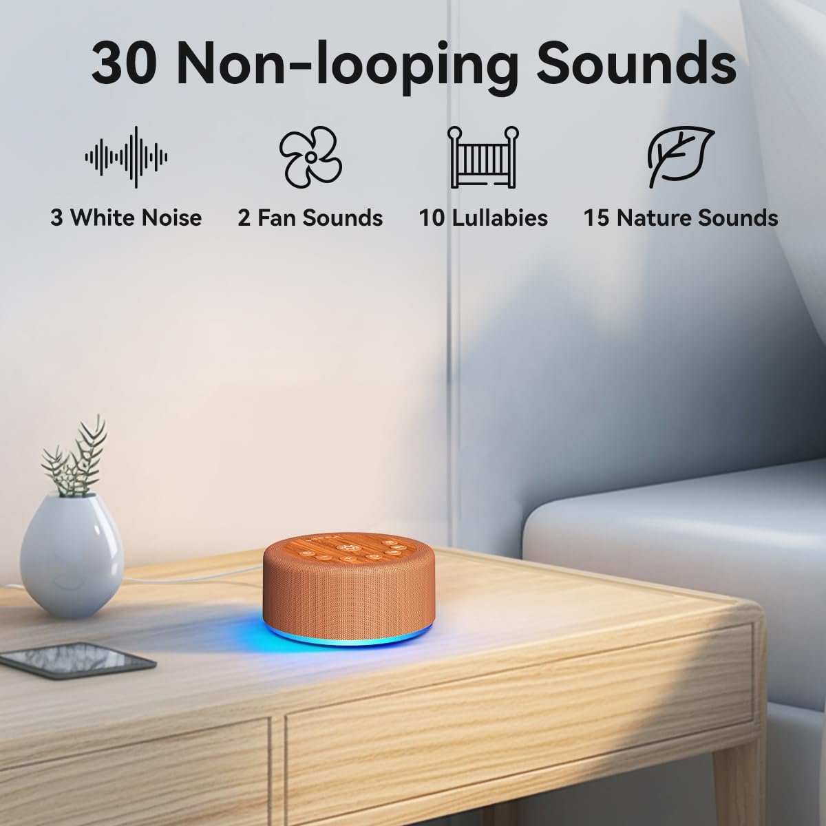 Hushing Schlaf-Soundmaschine – Weißes Rauschen mit 30 nicht wiederholenden Klängen, 12 Nachtlichtfarben, 5 Timern, 36 Lautstärkestufen, Speicherfunktion – für Babys, Kinder, Erwachsene, Zuhause, Kinderzimmer, Reisen (Holzoptik)