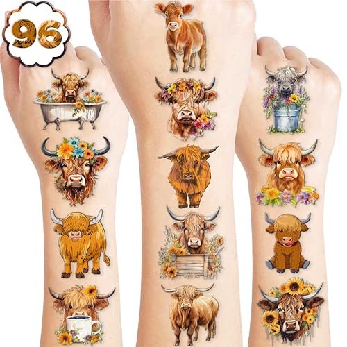 96 Stück Highland Cow Temporäre Tattoos – Partydeko, Geburtstagsgeschenke, Bauernhof-Motive für Kinder und Erwachsene