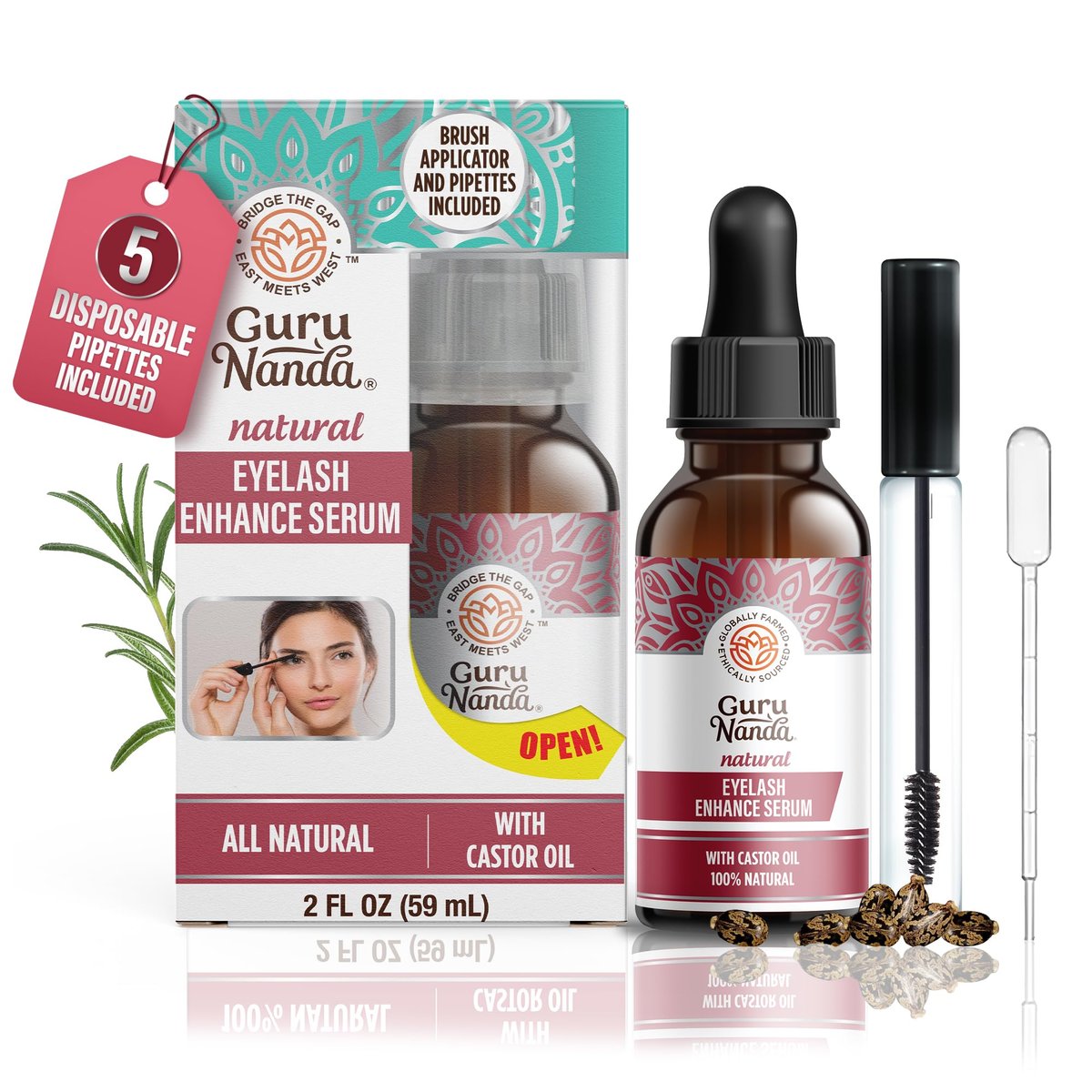GuruNanda Natürliches Rizinusöl Eyelash Enhance Serum mit Rosmarinöl – Bürstenapplikator & 5 Pipetten, Fördert natürliches Haarwachstum für Augenbrauen & Bärte, 60 ml