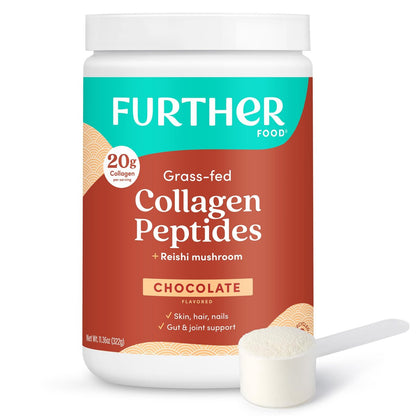 Further Food Chocolate Collagen Peptides Pulver mit Reishi-Pilz - 100% Weidehaltung, hydrolysiert Typ 1 & 3, 20g Kollagen pro Portion, unterstützt Haut, Haare, Nägel & Gelenke, 11,36 Unzen