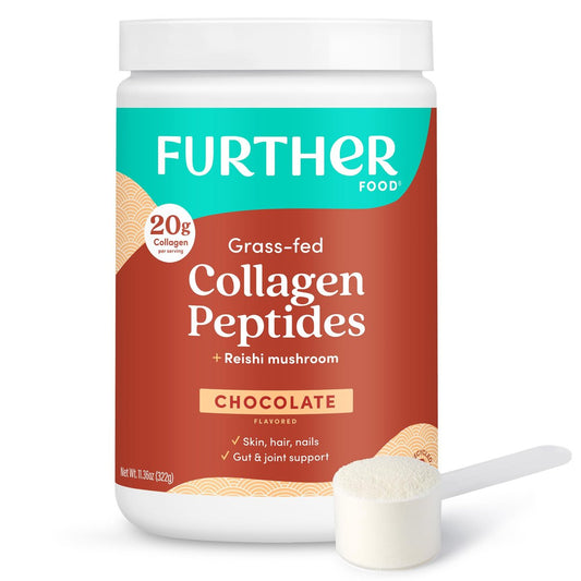 Further Food Chocolate Collagen Peptides Pulver mit Reishi-Pilz - 100% Weidehaltung, hydrolysiert Typ 1 & 3, 20g Kollagen pro Portion, unterstützt Haut, Haare, Nägel & Gelenke, 11,36 Unzen